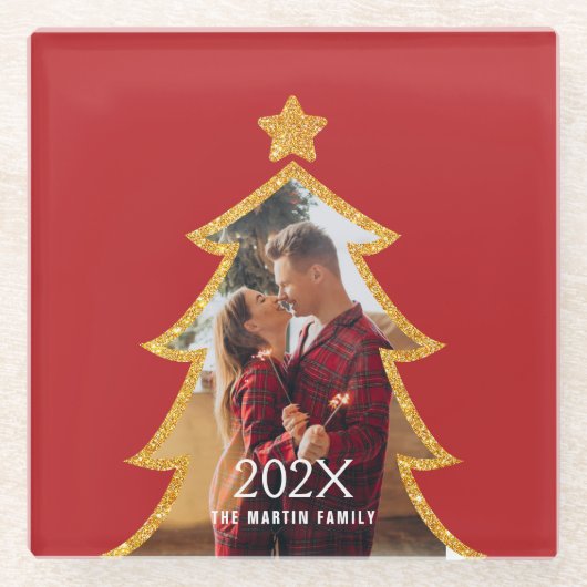 Red Shiny Christmas Tree Personalized Photo Glasuntersetzer (Vorderseite)