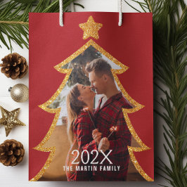 Red Shiny Christmas Tree Personalized Photo Mittlere Geschenktüte
