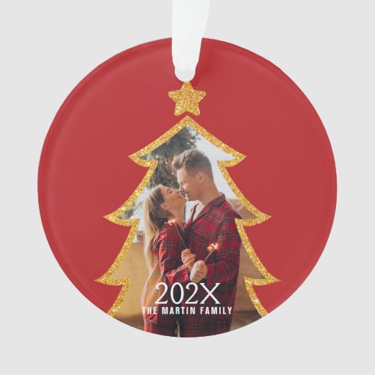 Red Shiny Christmas Tree Personalized Photo Ornament (Vorderseite)