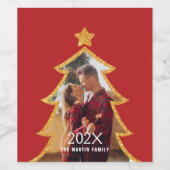 Red Shiny Christmas Tree Personalized Photo Weinetikett (Einzelnes Label)
