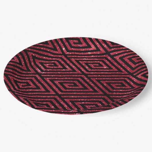 Red Shiny Glitzer Black Pattern Pappteller (Schrägansicht)