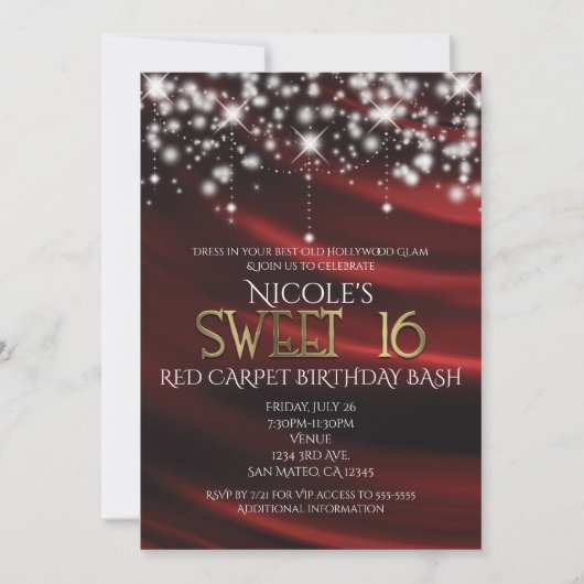Red Silk & Sparkle Gold Sweet 16 Glam Einladungen (Vorderseite)