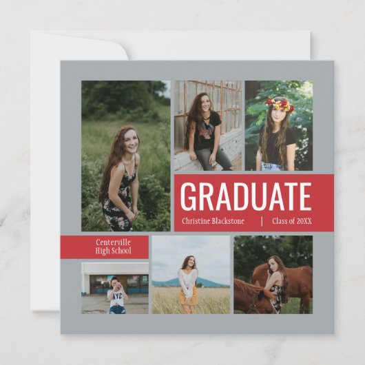 Red & Silver 6 Foto Abschluss Einladung (Vorderseite)