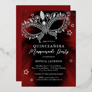 Red Silver Black Masquerade Maske Star Quinceanera Folieneinladung