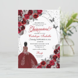 Red Silver Butterfly Princess Quinceanera Einladung