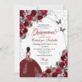 Red Silver Butterfly Princess Quinceanera Einladung (Vorderseite)