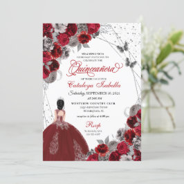 Red Silver Butterfly Princess Quinceanera Einladung