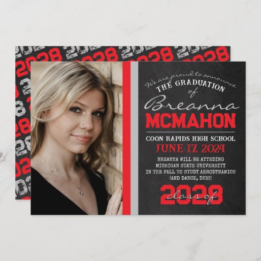 Red & Silver Chalkboard Abschluss Ankündigung (Vorne/Hinten)