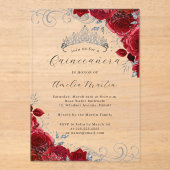 Red Silver Clear Acrylic Floral Quinceanera Acryleinladungen (Vorderseite)
