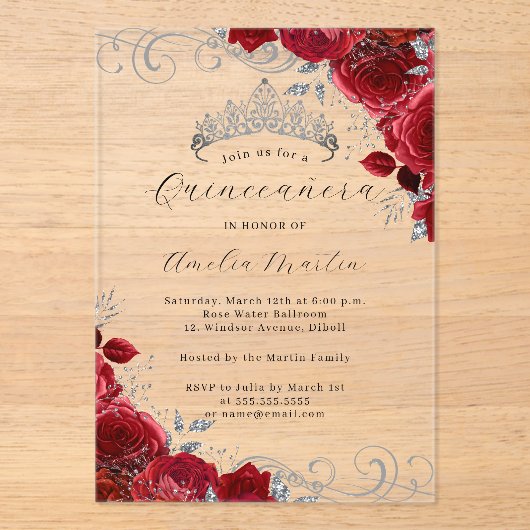 Red Silver Clear Acrylic Floral Quinceanera Acryleinladungen (Vorderseite)