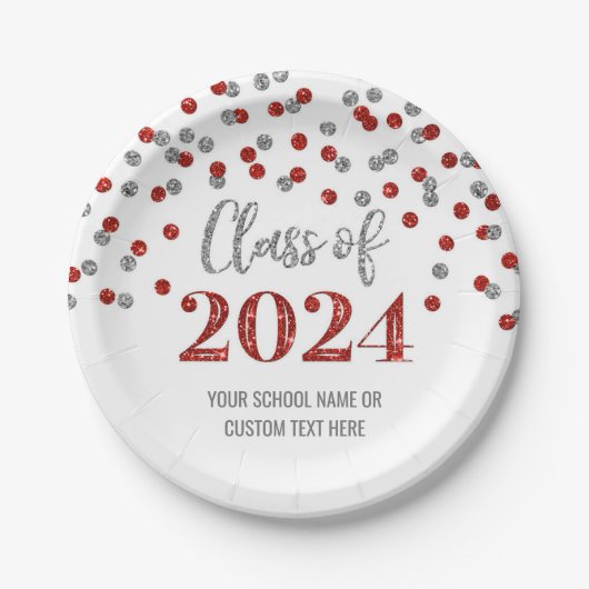 Red Silver Confetti Abschluss 2024 Pappteller (Vorderseite)