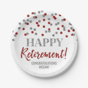 Red Silver Confetti Happy Retirement Pappteller