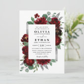 Red & Silver Country Burgund Rose Winter Wedding Einladung (Stehend Vorderseite)