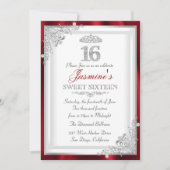 Red Silver Diamond Damask Tiara Sweet 16 Einladung (Vorderseite)
