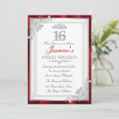 Red Silver Diamond Damask Tiara Sweet 16 Einladung (Stehend Vorderseite)
