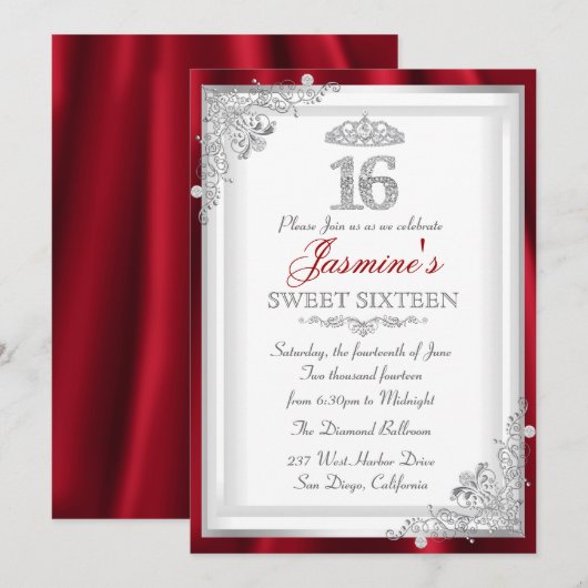 Red Silver Diamond Damask Tiara Sweet 16 Einladung (Vorne/Hinten)