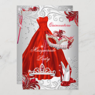 Red Silver Dress masquerade Quinceanera Maske Einladung