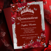 Red Silver Elegant Floral Butterfly Quinceanera Folieneinladung