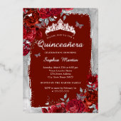 Red Silver Elegant Floral Butterfly Quinceanera Folieneinladung (Vorderseite)