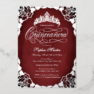 Red Silver Elegante Script Rose Quinceanera Folieneinladung