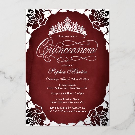 Red Silver Elegante Script Rose Quinceanera Folieneinladung (Vorderseite)