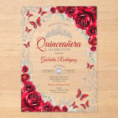 Red Silver Floral Quinceanera Acryleinladungen (Vorderseite)