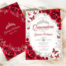 Red Silver Floral Quinceanera