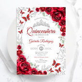 Red Silver Floral Quinceanera Einladung