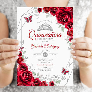 Red Silver Floral Quinceanera Einladung