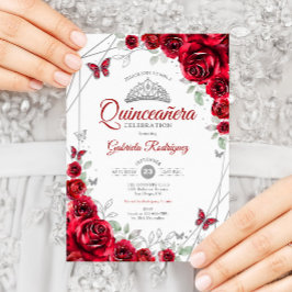 Red Silver Floral Quinceanera Einladung