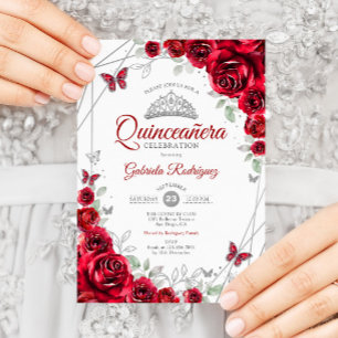 Red Silver Floral Quinceanera Einladung