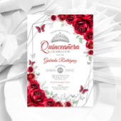 Red Silver Floral Quinceanera Einladung