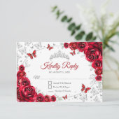 Red Silver Floral Quinceanera Reply RSVP Karte (Stehend Vorderseite)