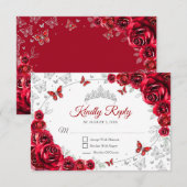Red Silver Floral Quinceanera Reply RSVP Karte (Vorne/Hinten)