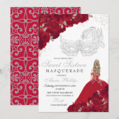 Red & Silver Glitzer Sweet 16 Masquerade Einladung (Vorne/Hinten)