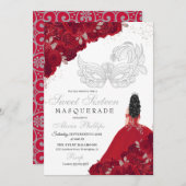 Red & Silver Glitzer Sweet 16 Masquerade Einladung (Vorne/Hinten)