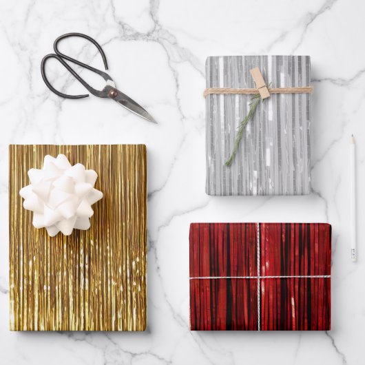 Red Silver Gold Glam Tinsel Streifen Geschenkpapier Set (Vorderseite)