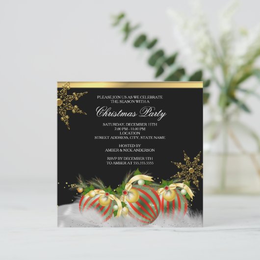 Red Silver Gold Holly Baubles Christmas Party 2 Einladung (Stehend Vorderseite)