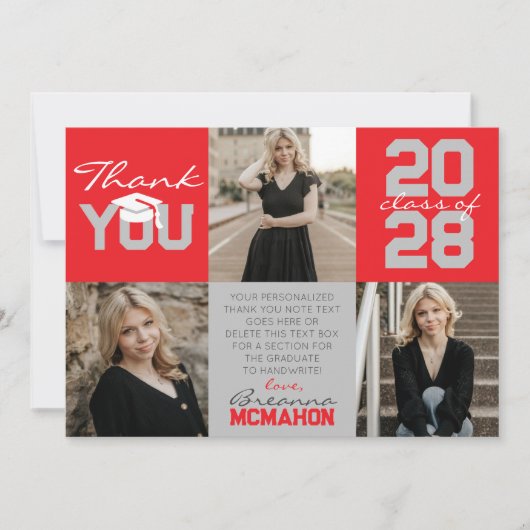 Red & Silver Grau 3 Foto Abschluss Vielen Dank Einladung (Vorderseite)