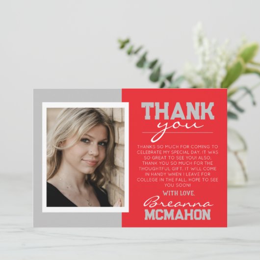 Red & Silver Grau Moderner Abschluss Danke Karte (Stehend Vorderseite)