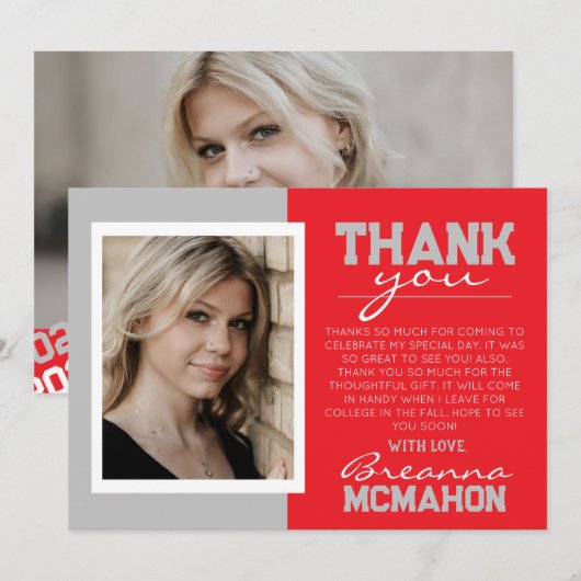 Red & Silver Grau Moderner Abschluss Danke Karte (Vorne/Hinten)