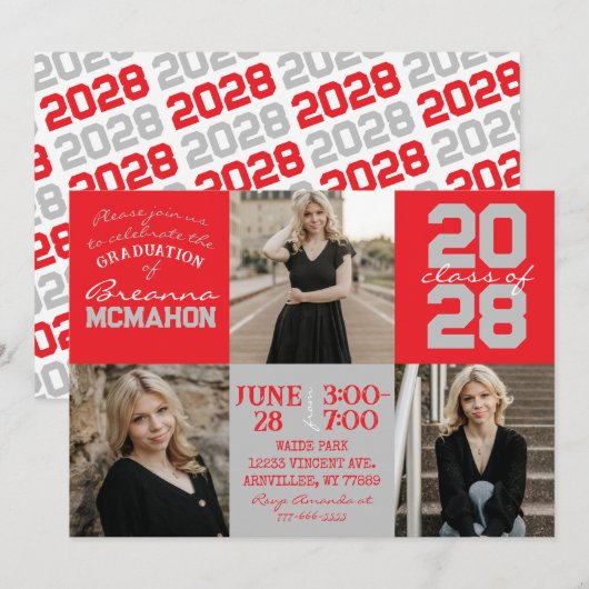Red & Silver Gray 3 Foto Abschluss Einladung (Vorne/Hinten)