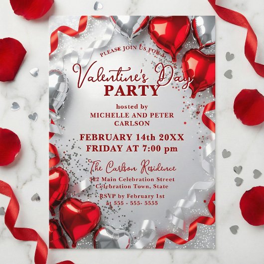 Red Silver Heart Balloons Valentine's Day Party Einladung