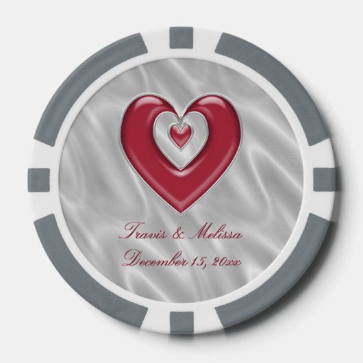 Red Silver Heart Your Name Gastgeschenke Hochzeite Pokerchips (Vorderseite)