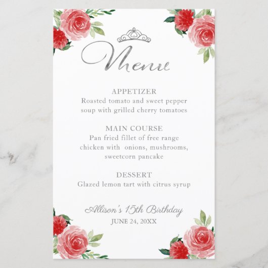 Red Silver Imitate Foil Quinceanera Menü (Vorderseite)