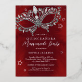 Red Silver Masquerade Mask Star Quinceanera Folieneinladung (Vorderseite)