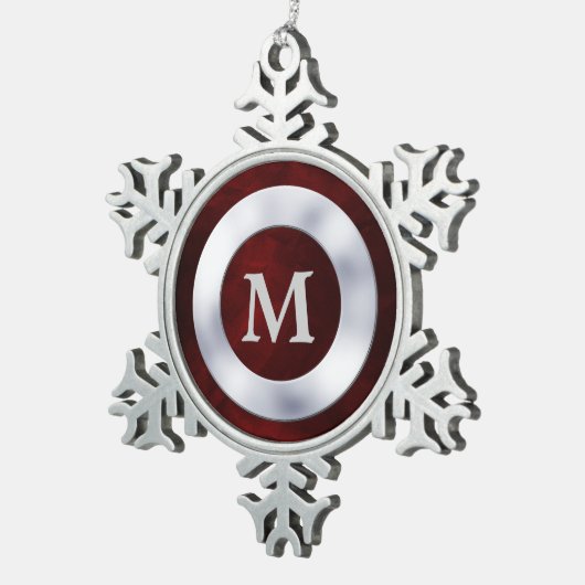 Red Silver Monogram Christmas Schneeflocken Zinn-Ornament (Rechts)