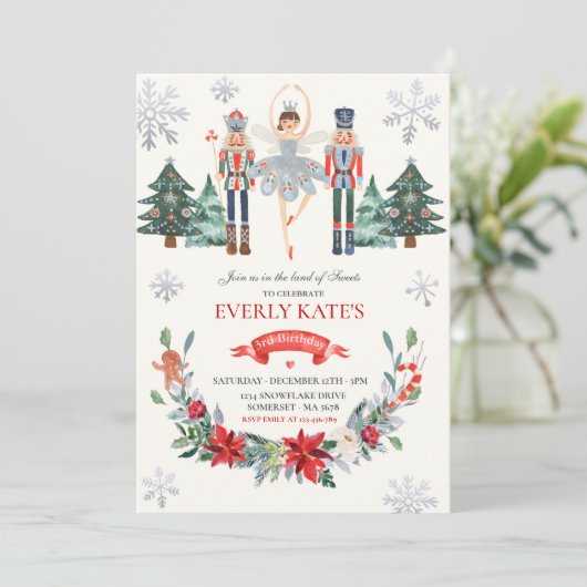 Red & Silver Nutcracker Birthday Sugum Plum Fairy Einladung (Stehend Vorderseite)