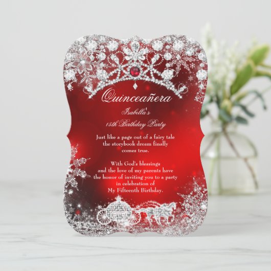 Red Silver Quinceanera 15. Winter Wonderland Einladung (Stehend Vorderseite)