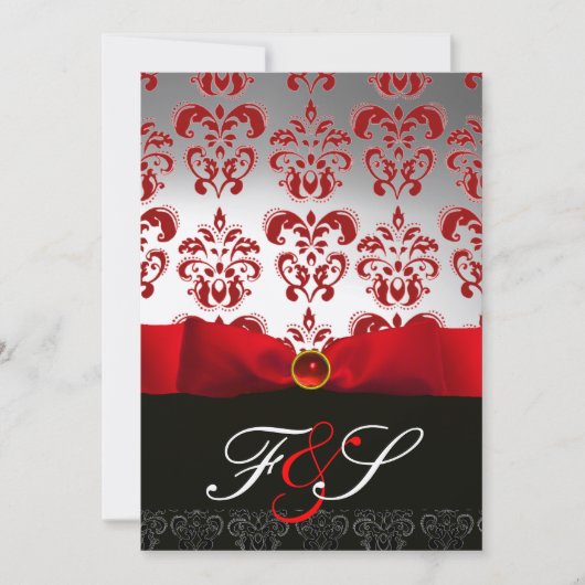 RED SILVER RIBBON & BLACK DAMASK MONOGRAMM Ruby Einladung (Vorderseite)